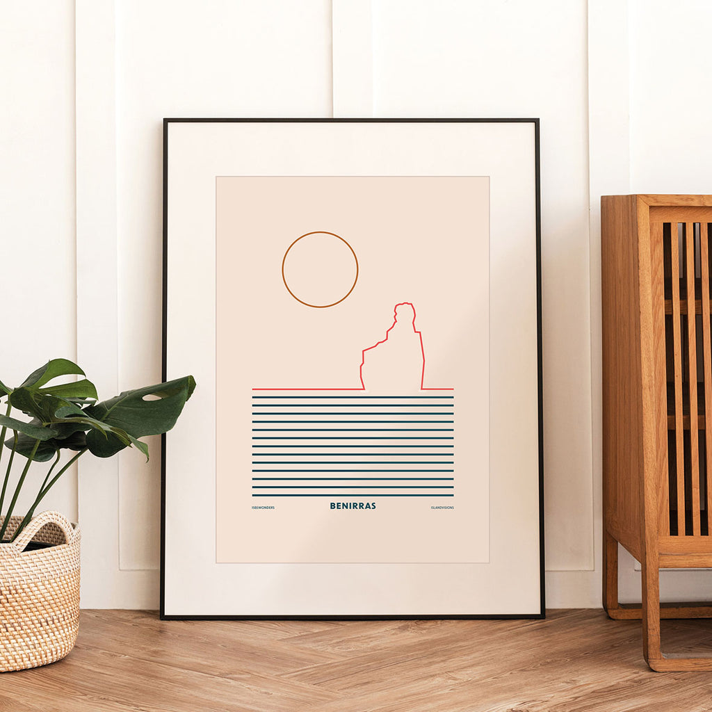 Framed Minimal style graphic design Ibiza art print of a line drawing of the rock at Benirras, Ibiza with lines for the sea.