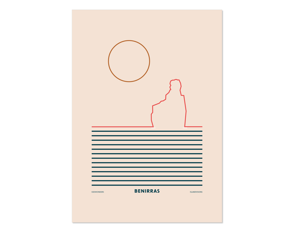 Minimal style graphic design Ibiza art print of a line drawing of the rock at Benirras, Ibiza with lines for the sea.