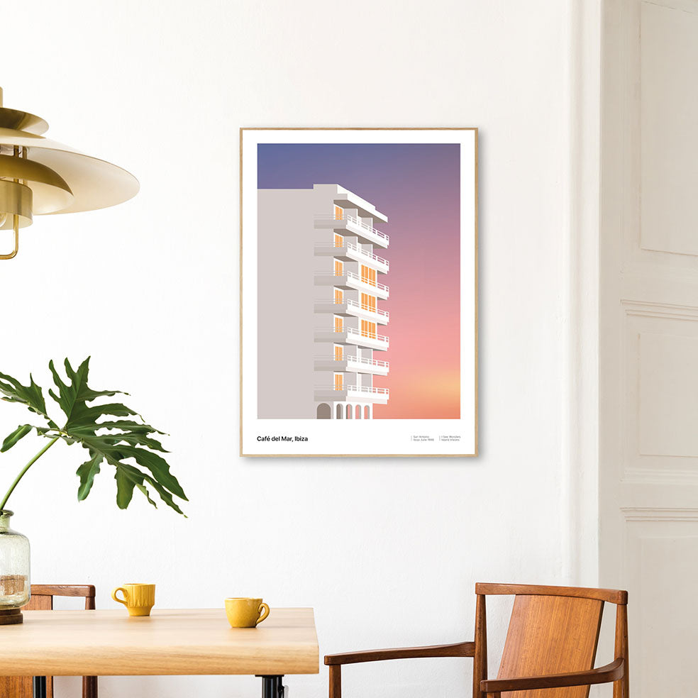 Framed Minimal style graphic design Ibiza art print of Cafe del Mar with a magical sunset sky, Ibiza.