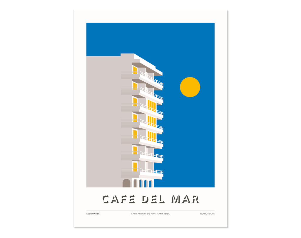 Minimal style graphic design print of the building which is home to Cafe Del Mar, Ibiza.  