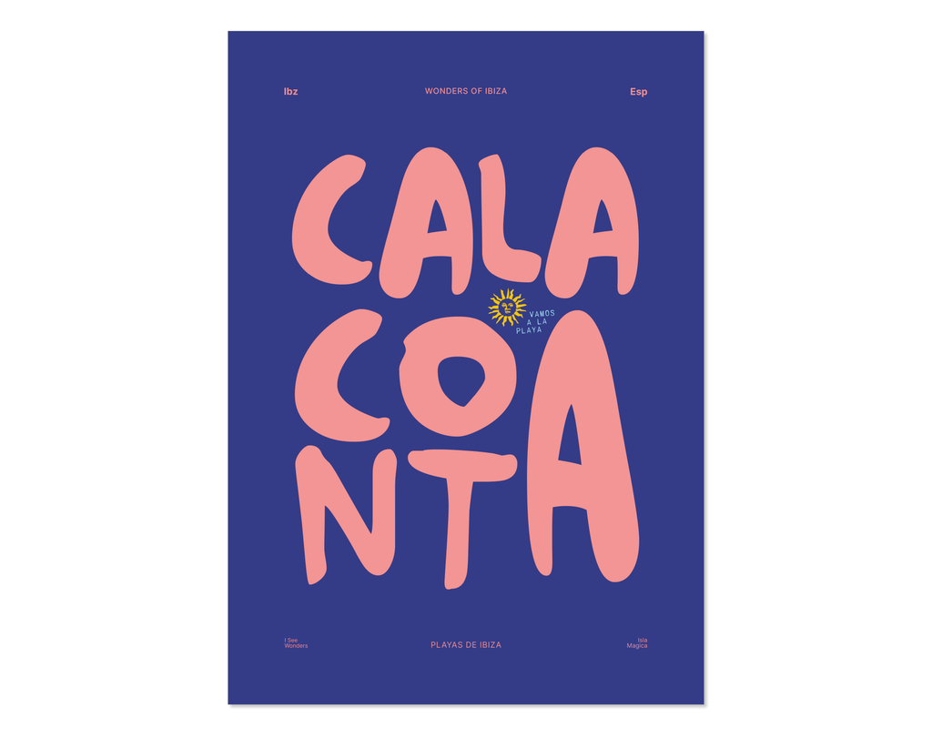 Minimal style Ibiza typography print with the words Cala Conta in peachy pink on a purple background.