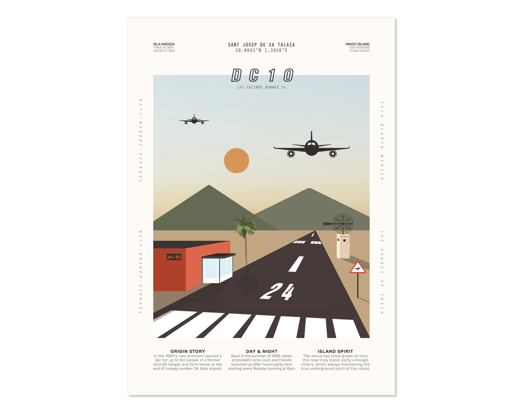 Minimal style graphic design Ibiza art print of club DC10, Ibiza by day with planes coming in to land on the neighbouring runway