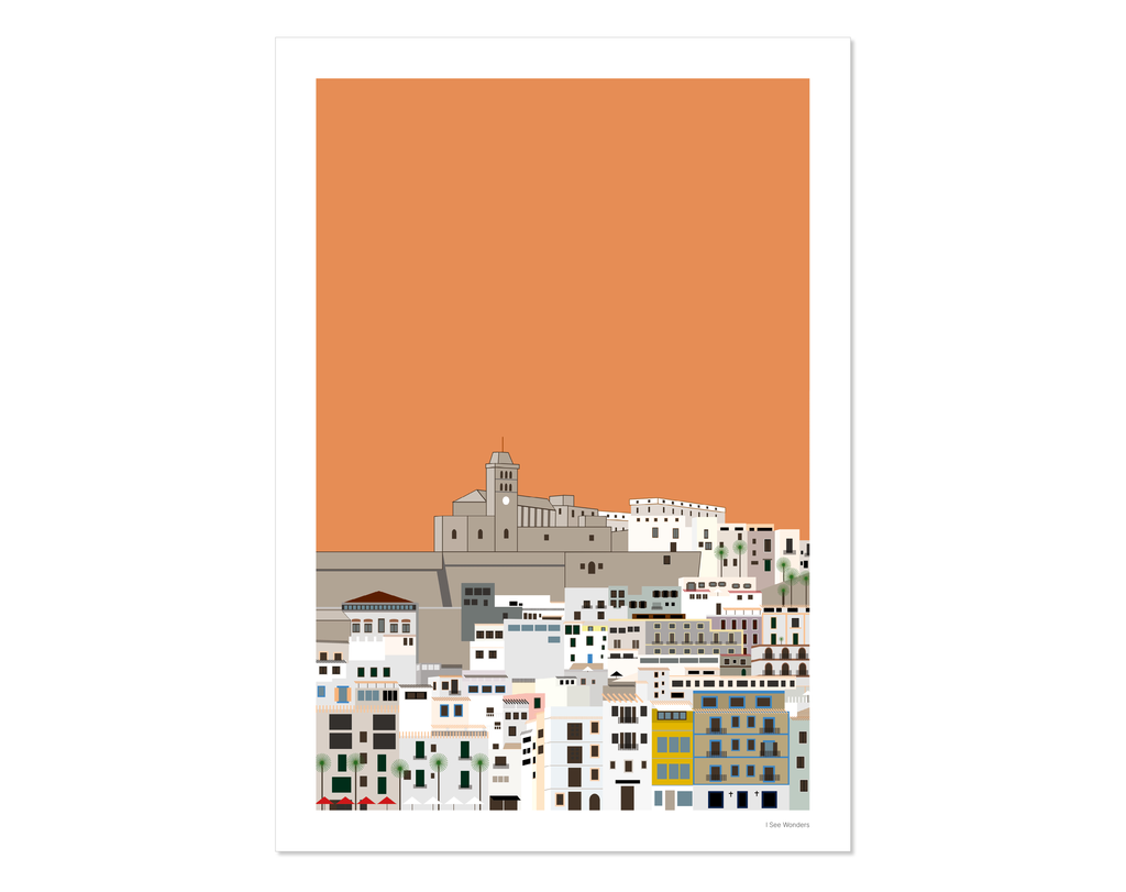 Graphic design Ibiza art print of Dalt Vila, Ibiza with a magical orange sky behind.