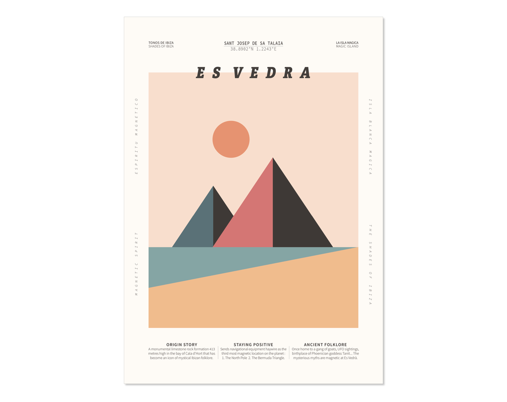 Minimal style graphic design Ibiza art print of Es Vedra, Ibiza in minimalist triangular form.