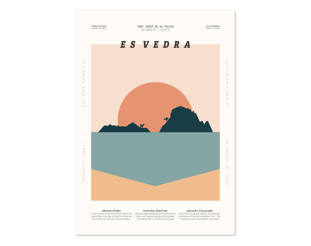 Minimal style graphic design Ibiza art print of Es Vedra, Ibiza with the sun setting behind