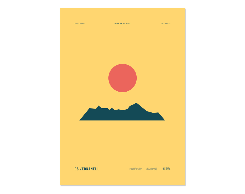 Minimal style graphic design Ibiza art print of Es Vedranell, Es Vedra, Ibiza with the sun setting above