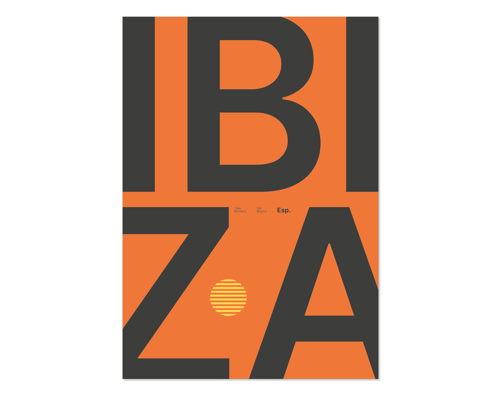 Minimal style Ibiza typography print with the word Ibiza in orange and charcoal colours.