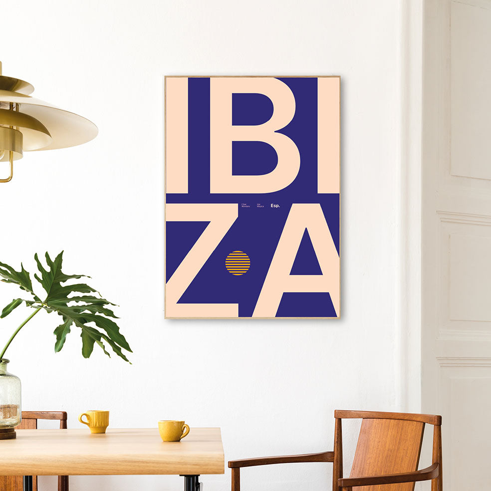 Framed Minimal style Ibiza typography print with the word Ibiza in purple and peach colours.