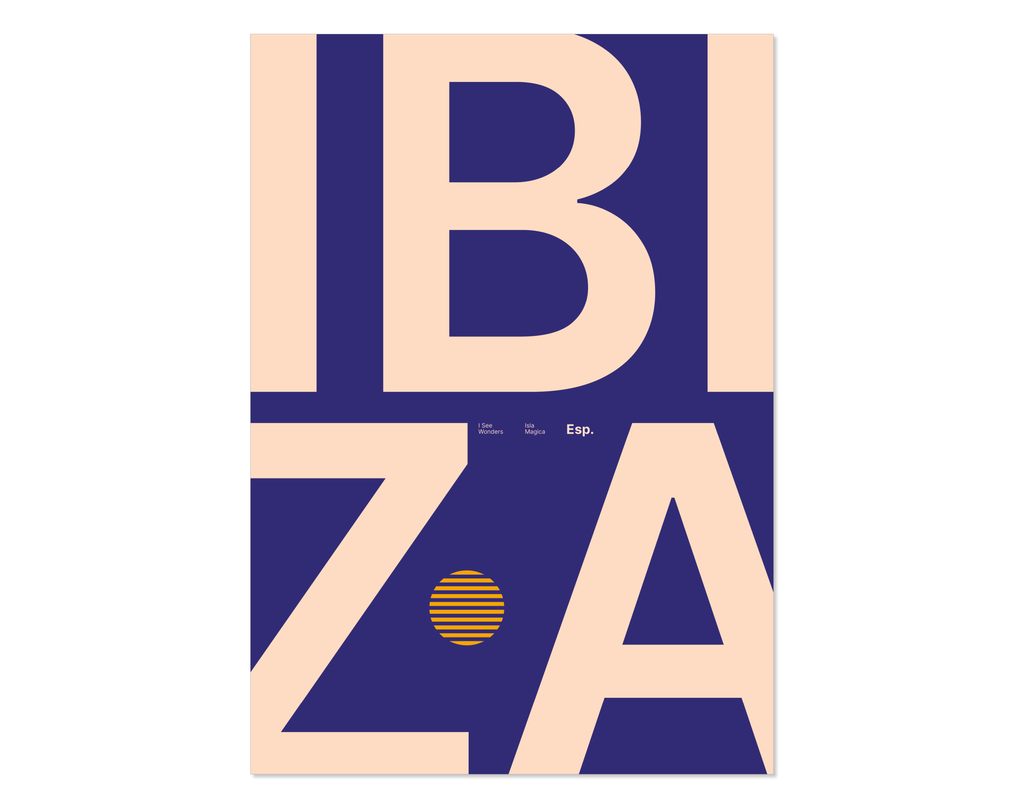 Minimal style Ibiza typography print with the word Ibiza in purple and peach colours.