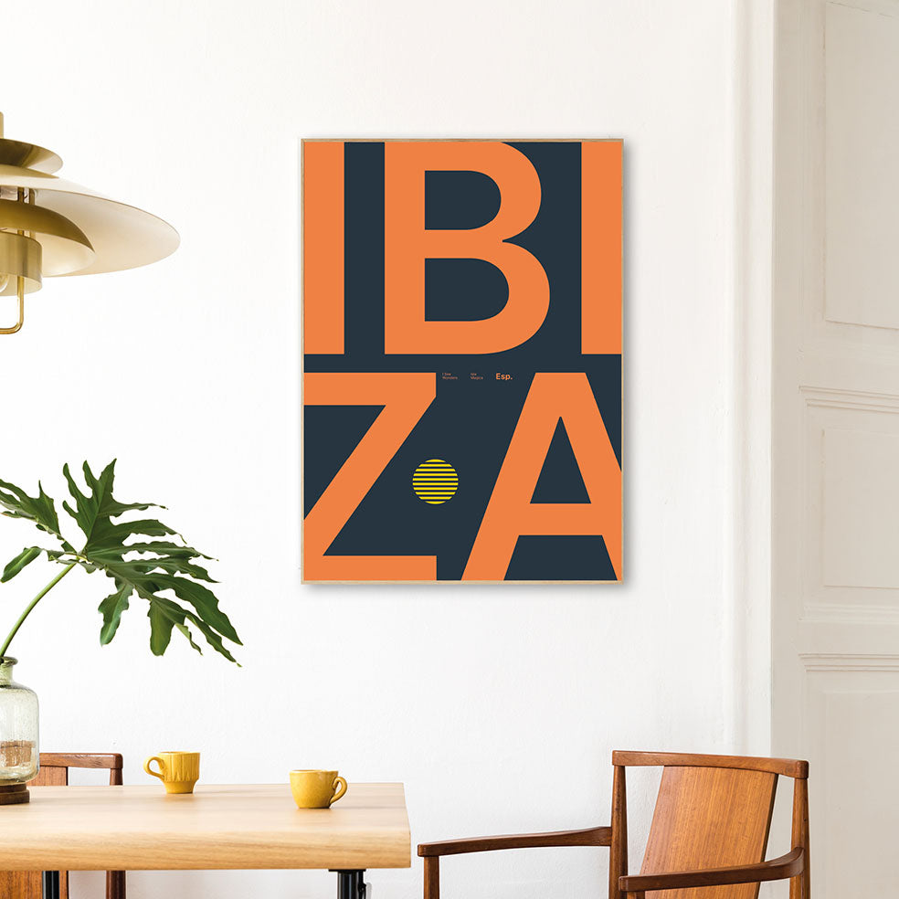 Framed Minimal style Ibiza typography print with the word Ibiza in rich navy and orange colours.  