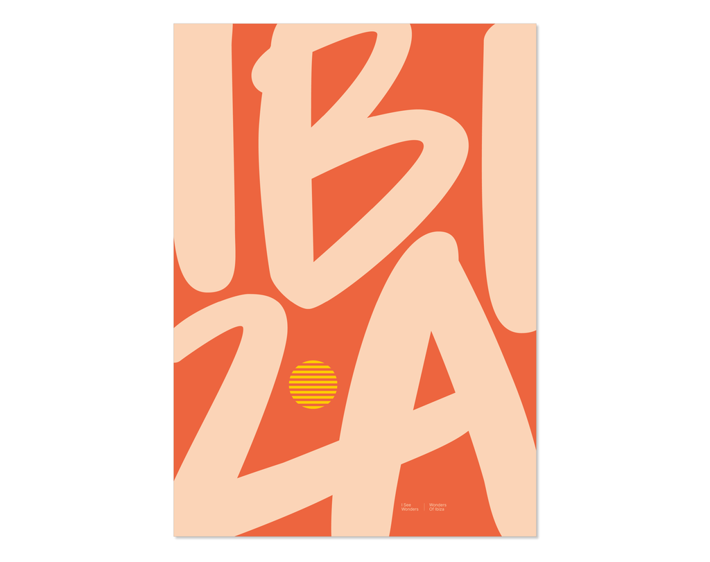 Minimal style Ibiza typography print with the word Ibiza in soft orange and sandy colours. 