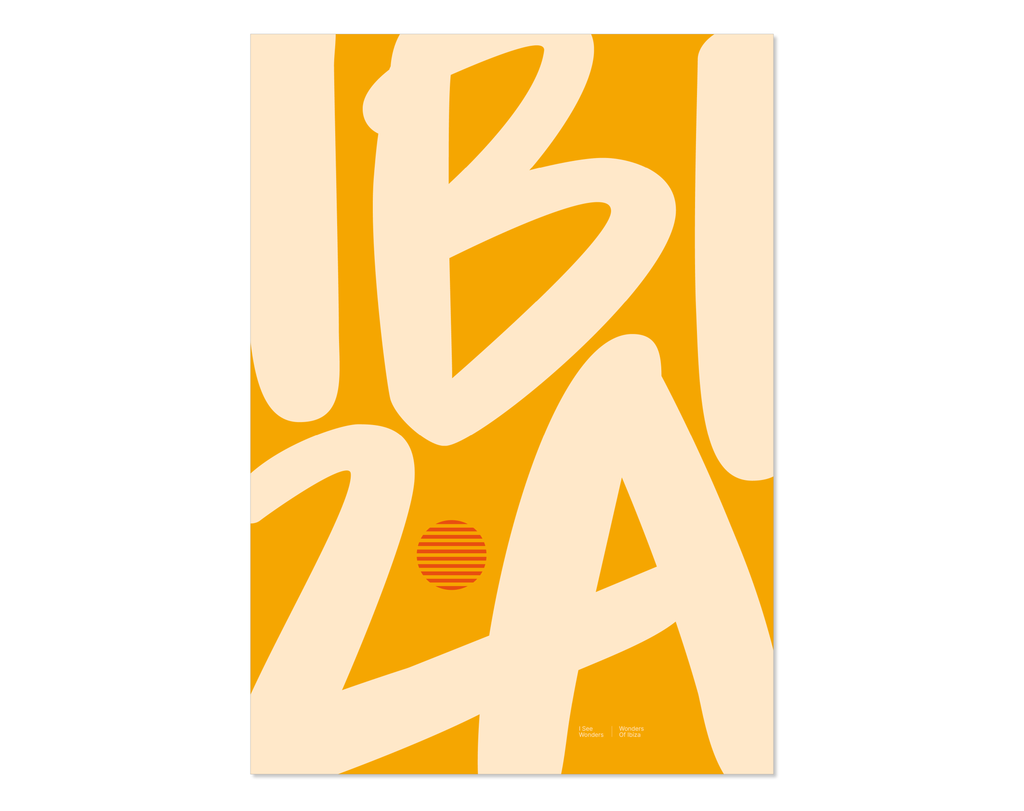 Minimal style Ibiza typography print with the word Ibiza in rich, golden yellow and light sandy colours.