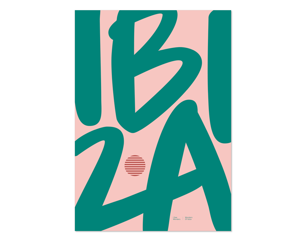 Minimal style Ibiza typography print with the word Ibiza in rich golden pink and green colours.