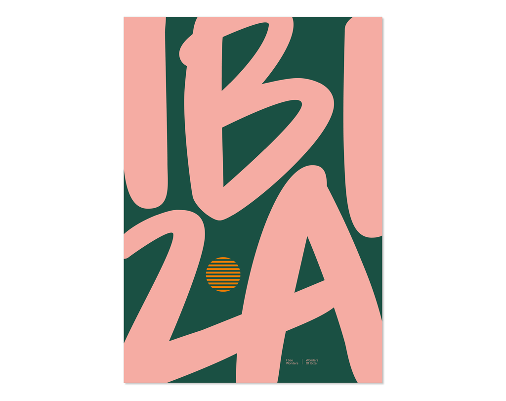 Minimal style Ibiza typography print with the word Ibiza in golden peach and rich green colours.
