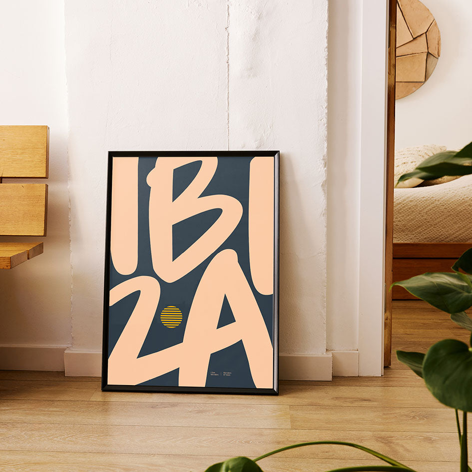 Framed Minimal style Ibiza typography print with the word Ibiza in gold and rich blue colours.  