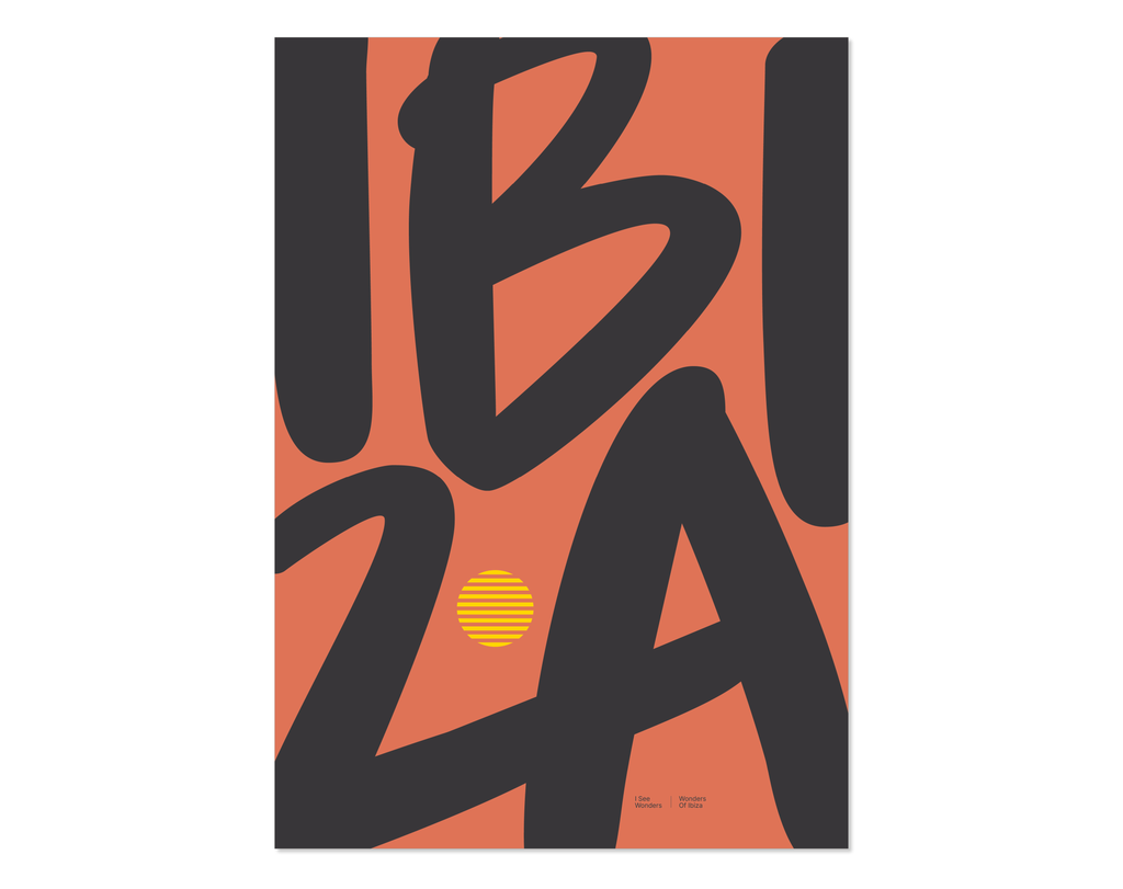 Minimal style Ibiza typography print with the word Ibiza in terracotta and rich charcoal colours.