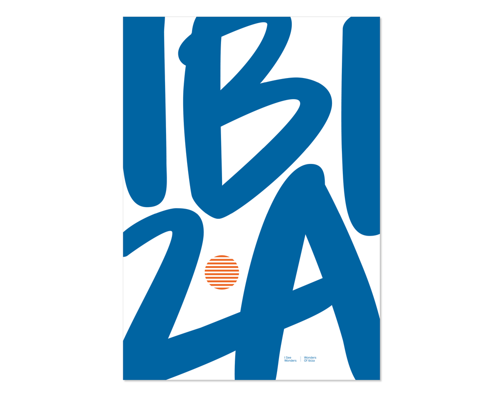 Minimal style Ibiza typography print with the word Ibiza in white and rich blue colours. 