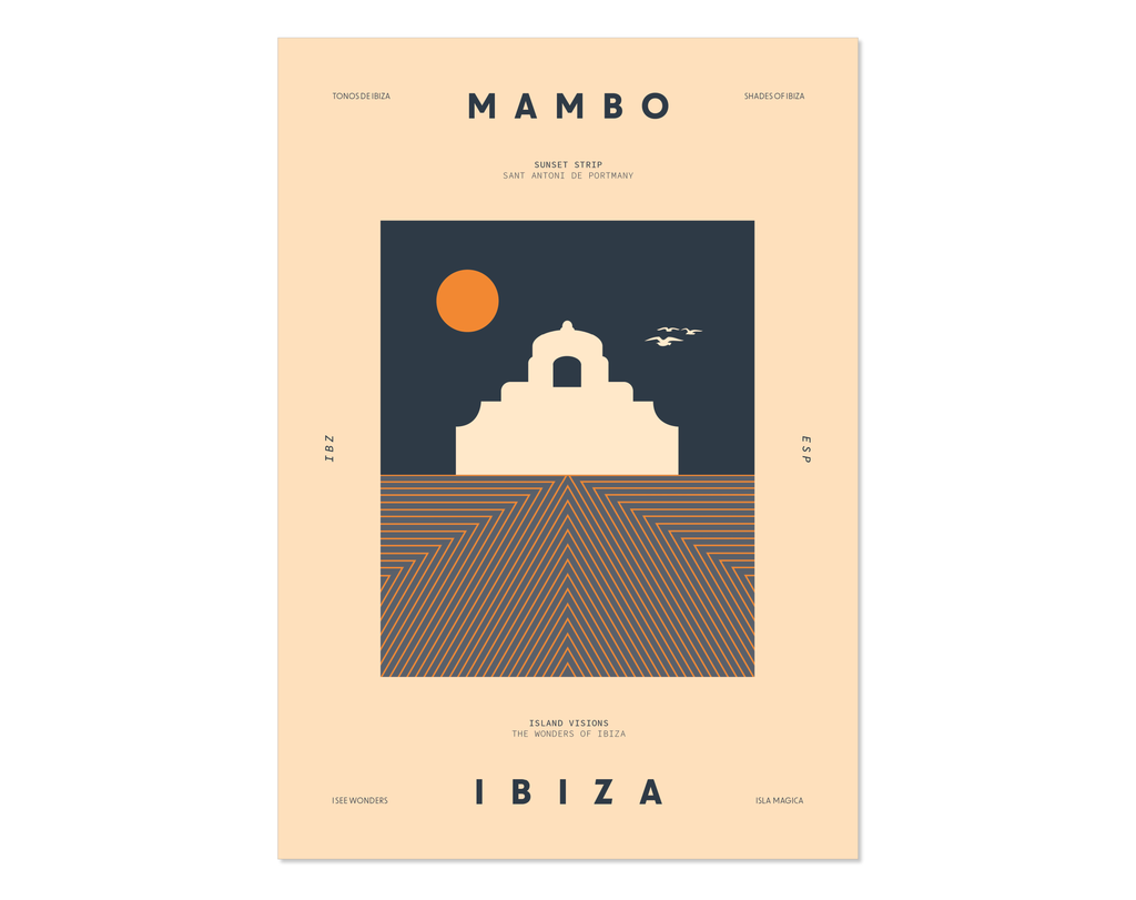 Minimal style graphic design Ibiza art print of Mambo, Ibiza in tribute to legendary sunset rituals.