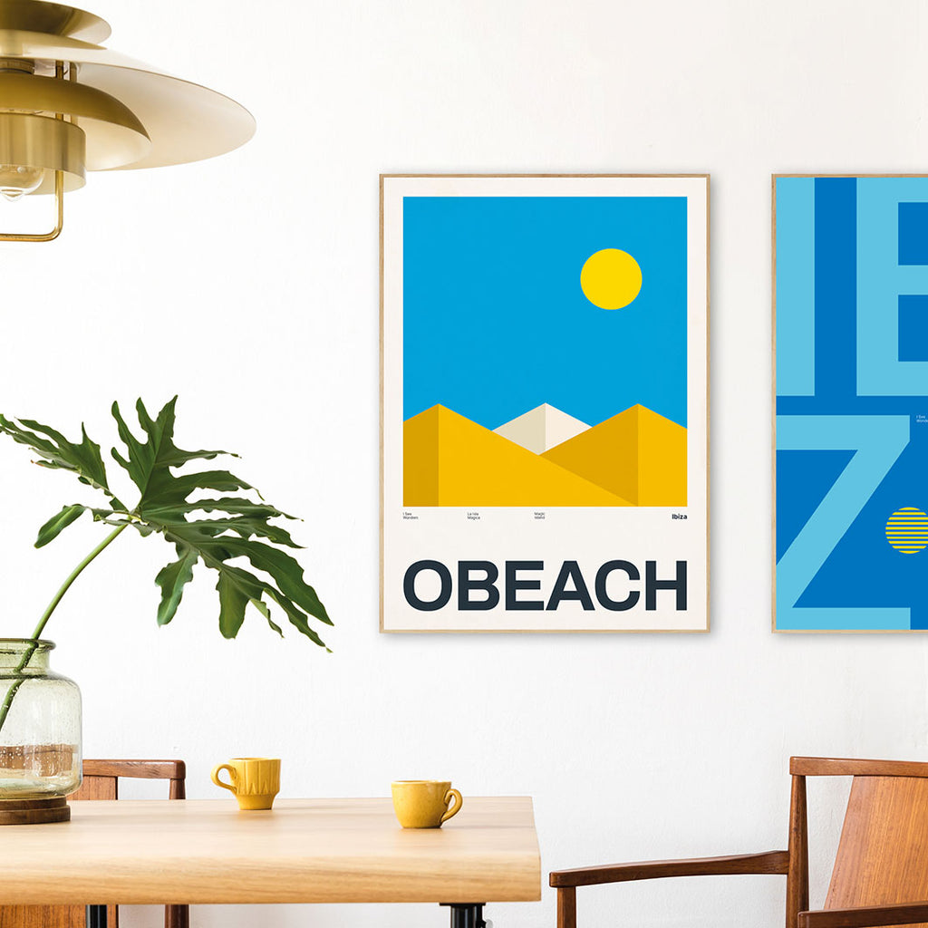 Framed Minimal style Ibiza art print with XL bold type in tribute to the parasols and sunshine at O Beach, Ibiza.