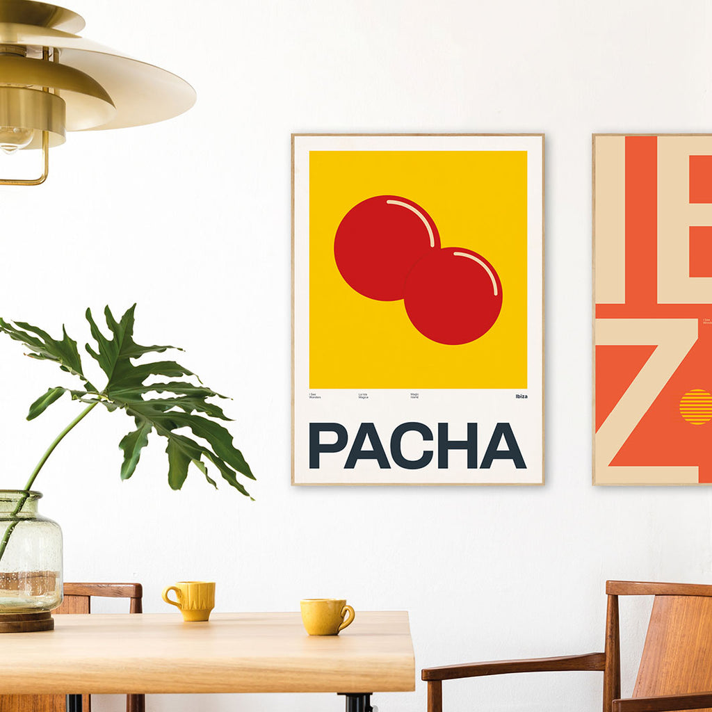 Framed Minimal style Ibiza art print with XL bold type in tribute to club Pacha, Ibiza.