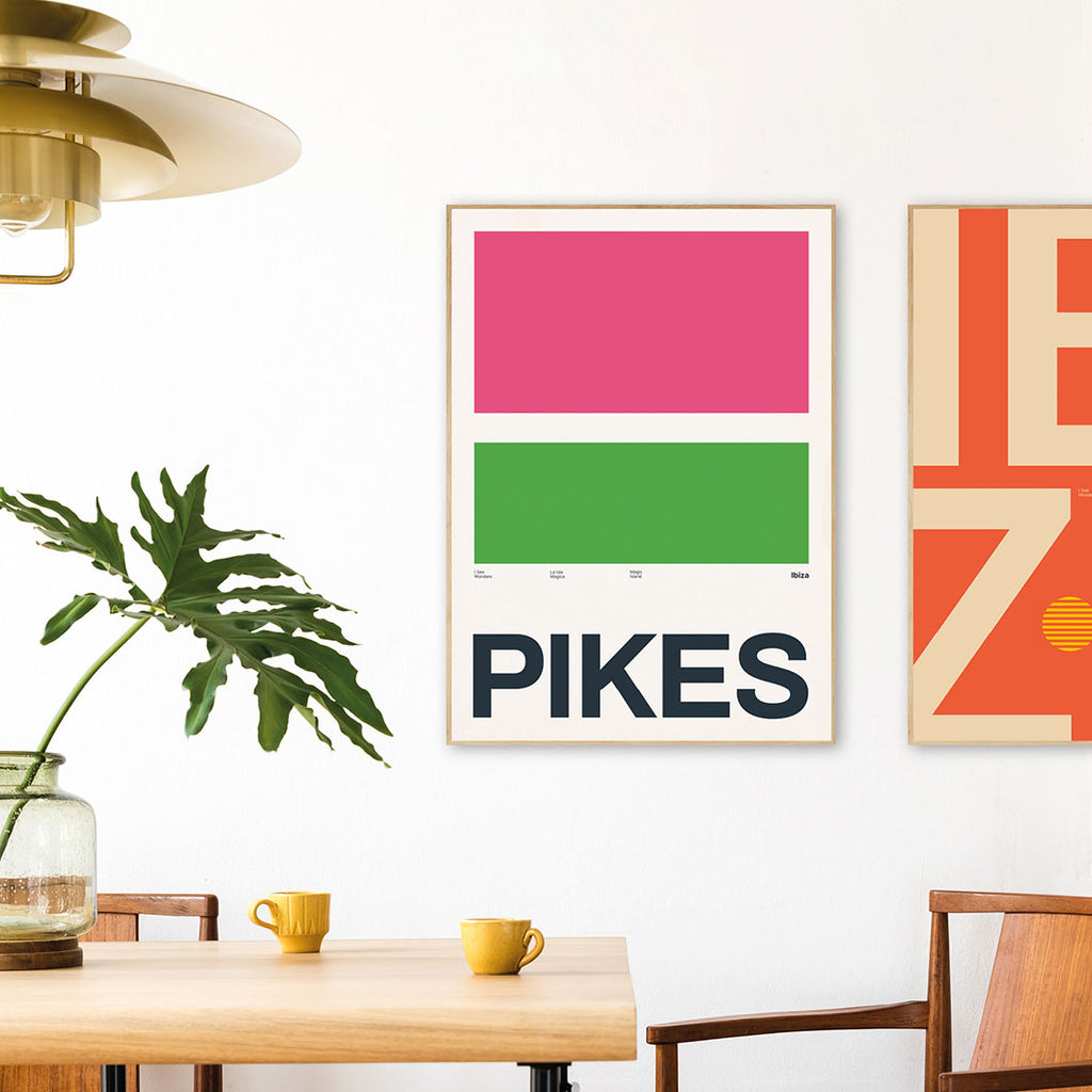 Framed Minimal style Ibiza typography art print with XL bold type in tribute to Pikes, Ibiza.