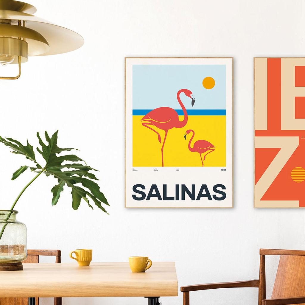 Framed Minimal style Ibiza art print with XL bold type in tribute the salt flats and flamingos at Salinas, Ibiza