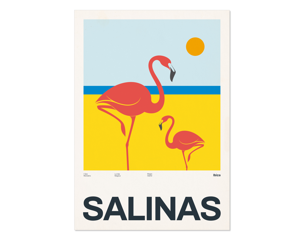 Minimal style Ibiza art print with XL bold type in tribute the salt flats and flamingos at Salinas, Ibiza