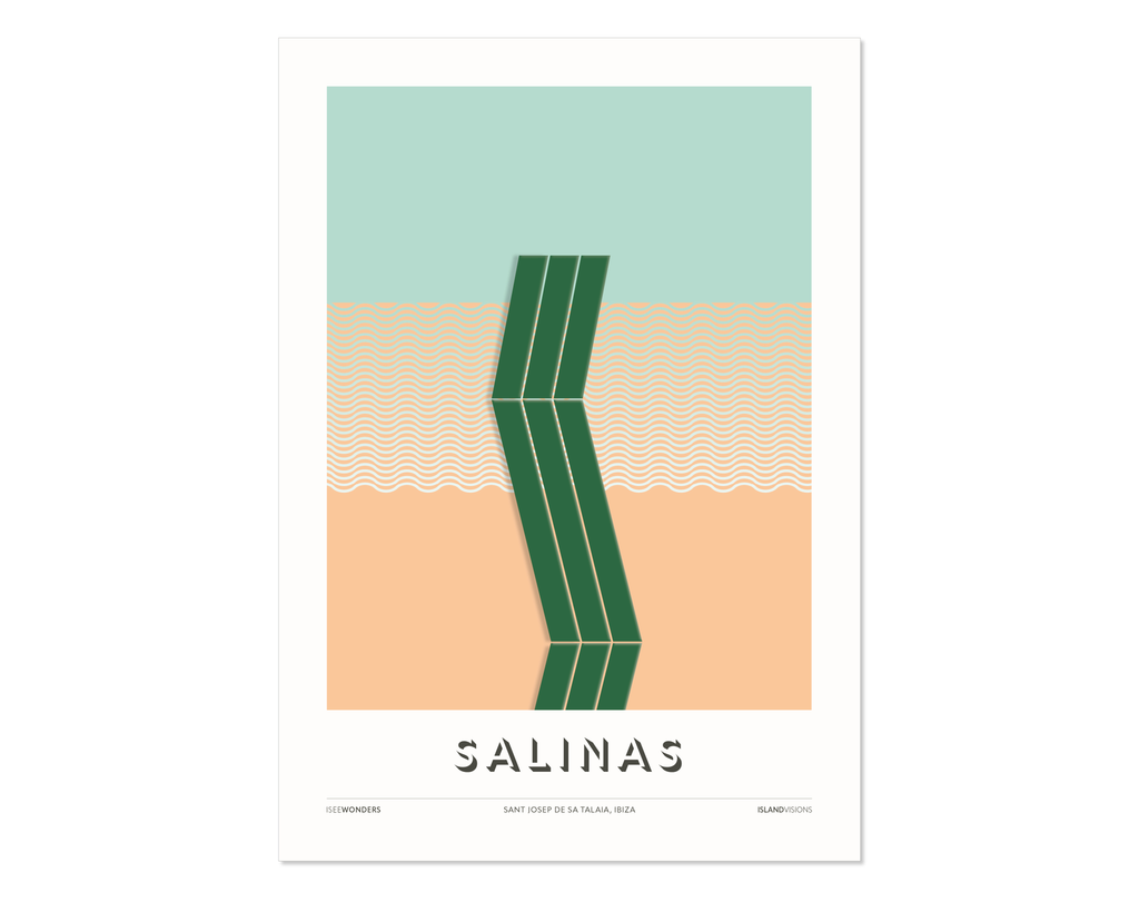 Minimal style graphic design Ibiza art print of the grass covered catwalk at Salinas, Sa Trinxa, Ibiza.