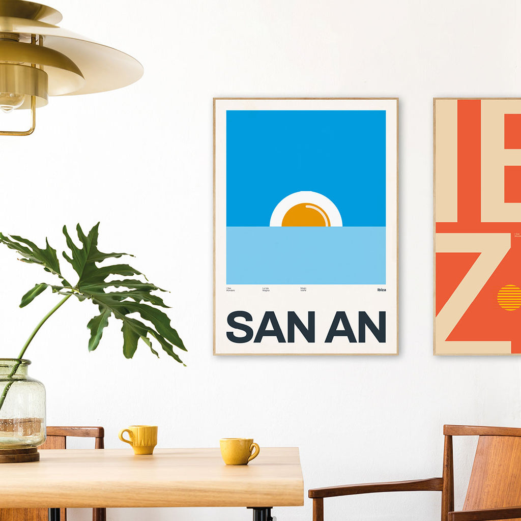 Framed Minimal style Ibiza art print with XL bold type in tribute to sunsets and monument in San Antonio, Ibiza with a sunset in the form of an egg.