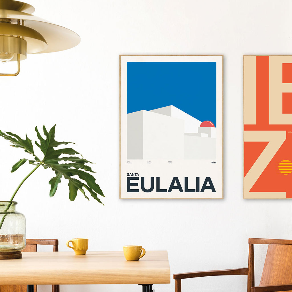 Framed Framed Minimal style Ibiza art print with XL bold type in tribute to Santa Eulalia, Ibiza.