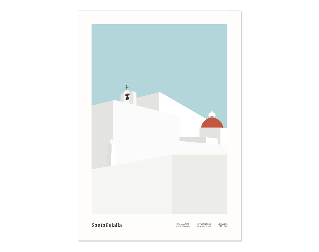 Minimal style graphic design print of Puig de Missa church, Santa Eulalia, Ibiza.