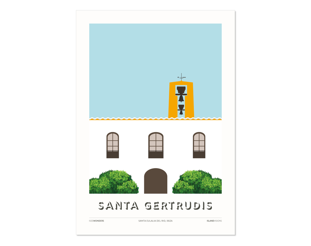 Minimal style graphic design Ibiza art print of Santa Gertrudis church, Ibiza.  