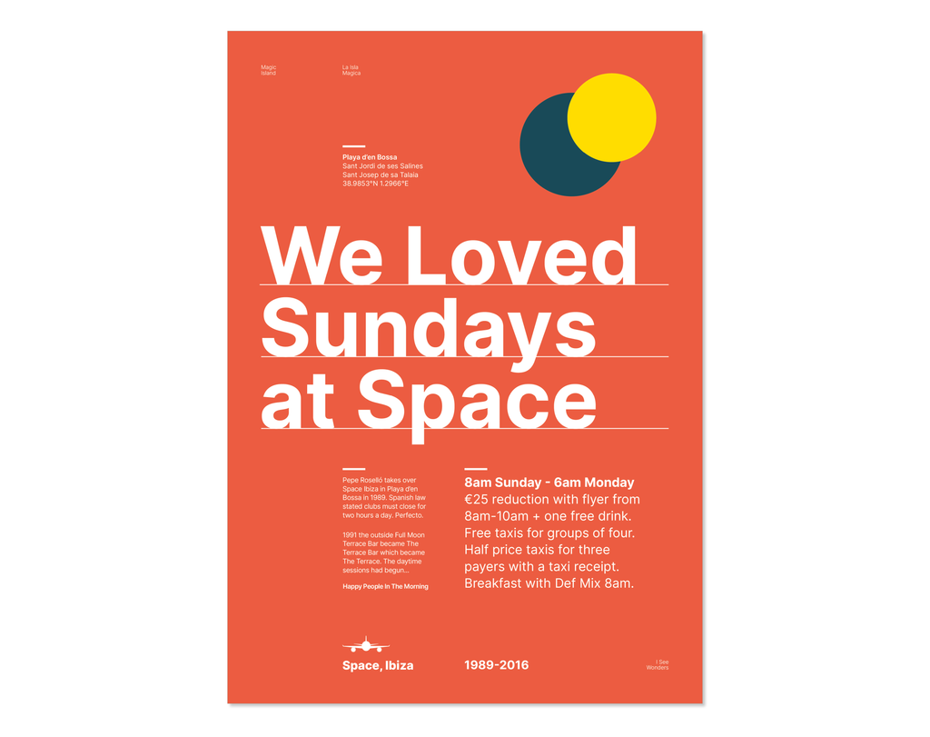 Minimal style Ibiza typography print in tribute to Sundays at Space, Ibiza in summery soft red, blues and yellows.