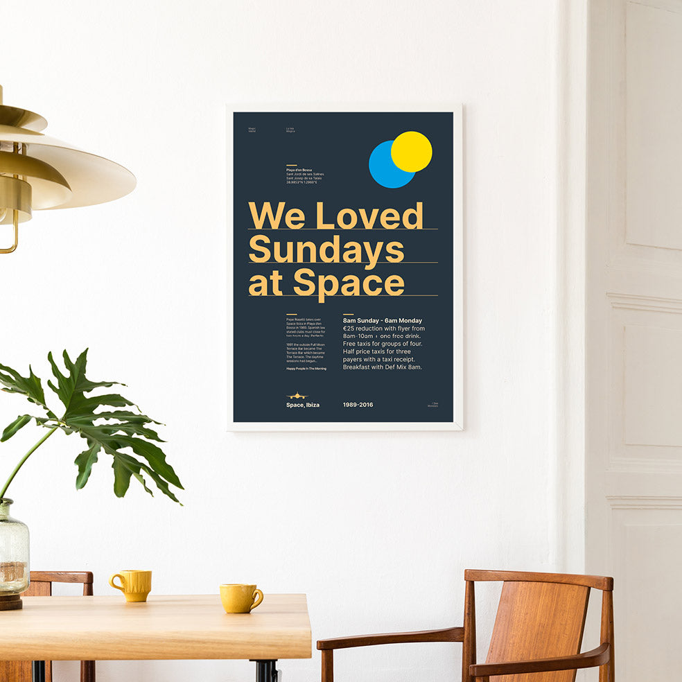Framed Minimal style Ibiza typography print in tribute to Sundays at Space, Ibiza in rich blues, gold and sunshine yellows.