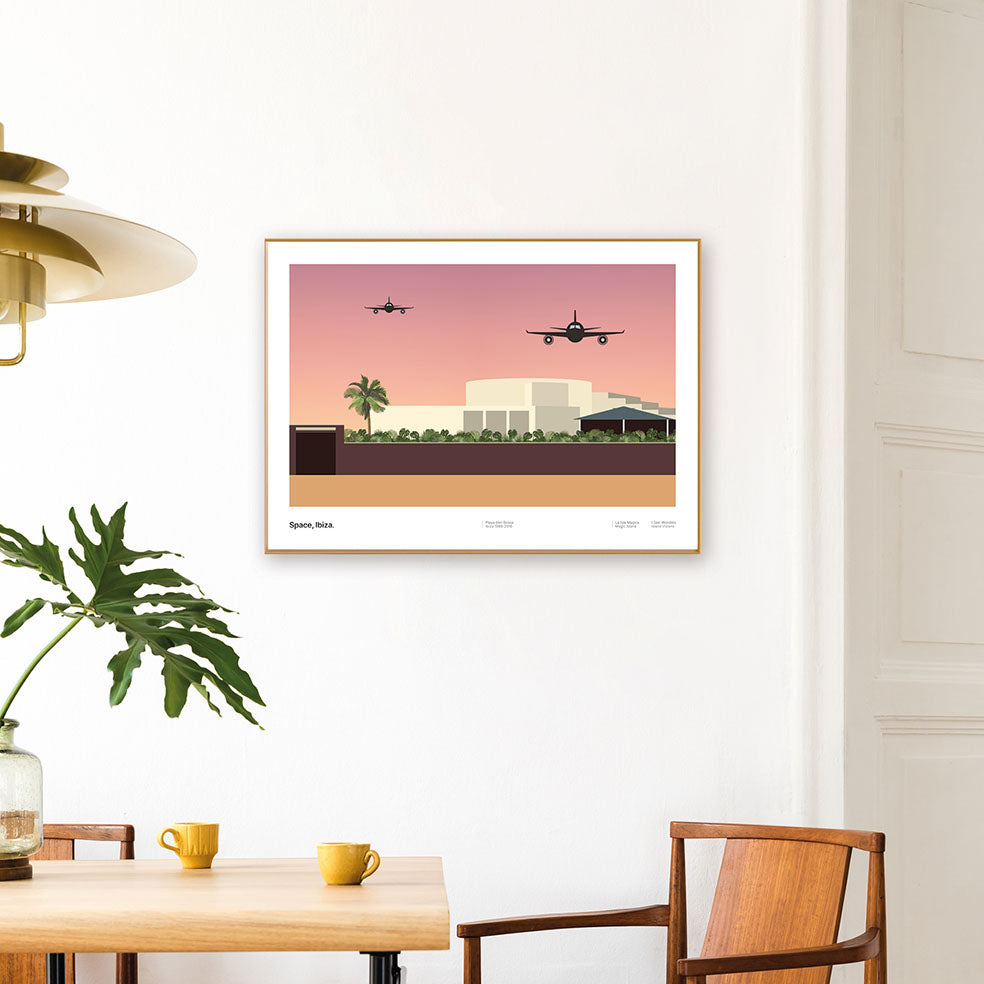 Framed Minimal style graphic design Ibiza art print of club Space, Ibiza with a magical sunset sky and planes coming into land