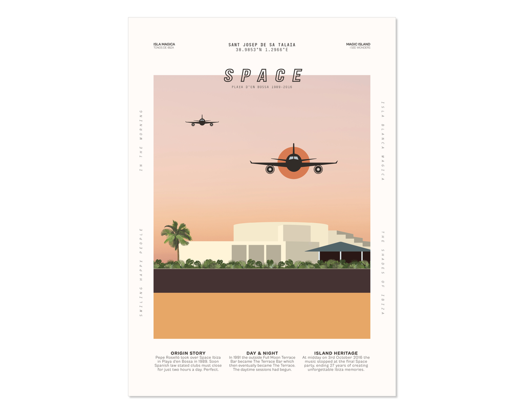 Minimal style graphic design Ibiza art print of club Space, Ibiza at sunset with planes coming in to land above.