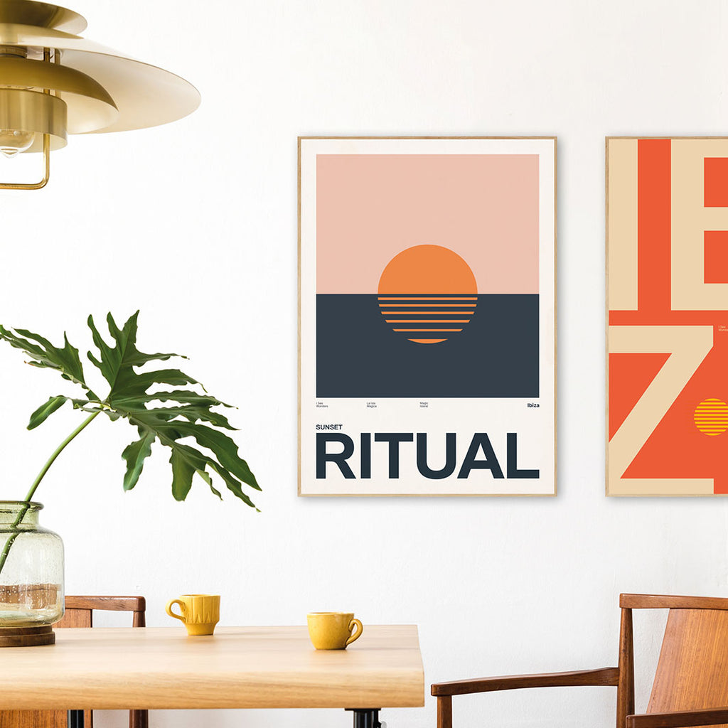 Framed Minimal style Ibiza art print with XL bold type in tribute to the sunset ritual in Ibiza.