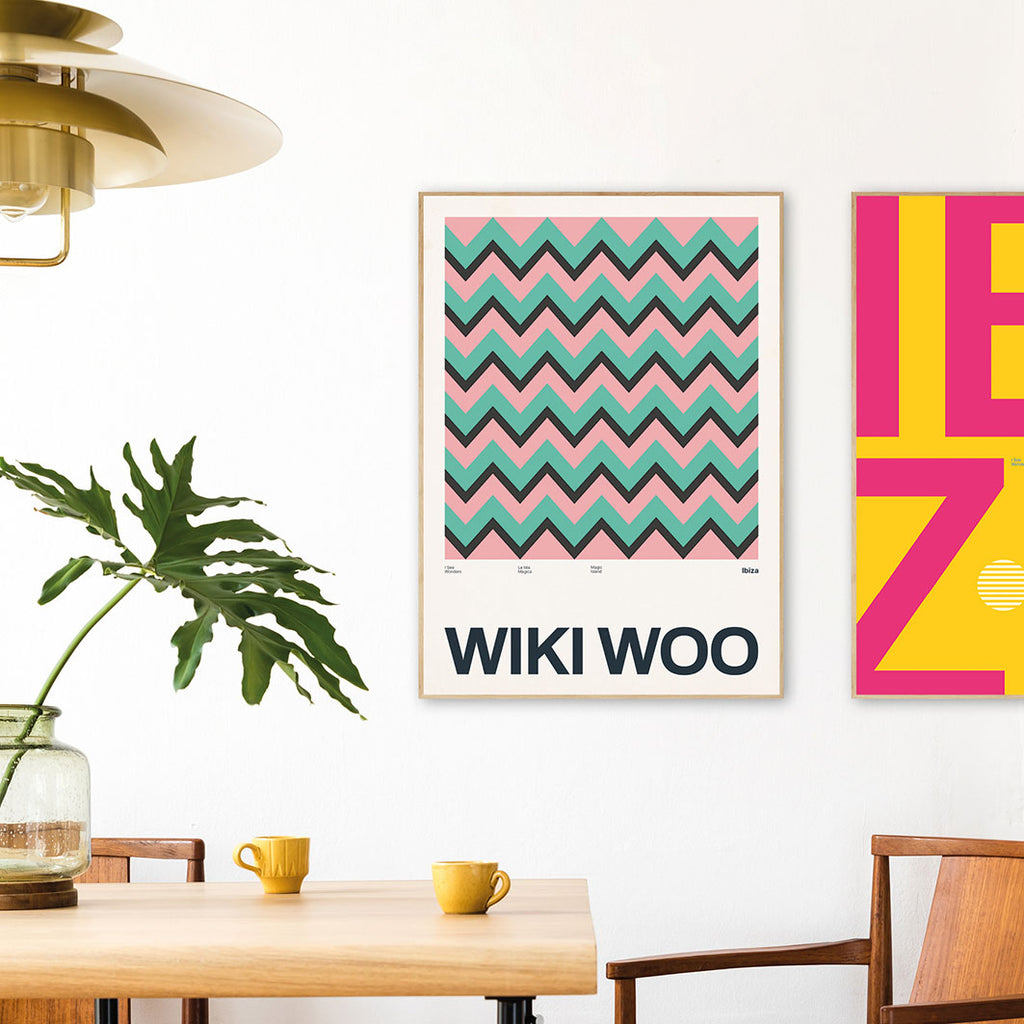 Framed Minimal style Ibiza art print with XL bold type in tribute to the iconic tiles at Wiki Woo Hotel, Ibiza.