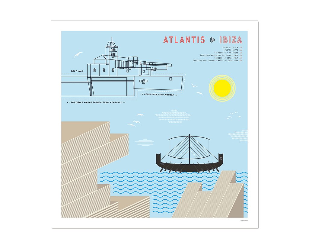 Graphic design framed giclée art print of Atlantis Sa Pedrera, Ibiza.