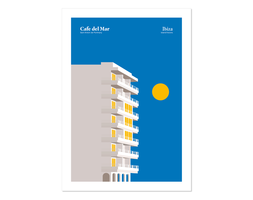 Minimal style graphic design Ibiza art print of the building which is home to Cafe del Mar, Ibiza.