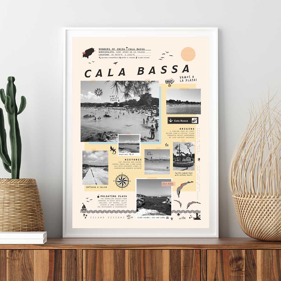 Framed art print of photos, notes & memories of Cala Bassa beach, Ibiza