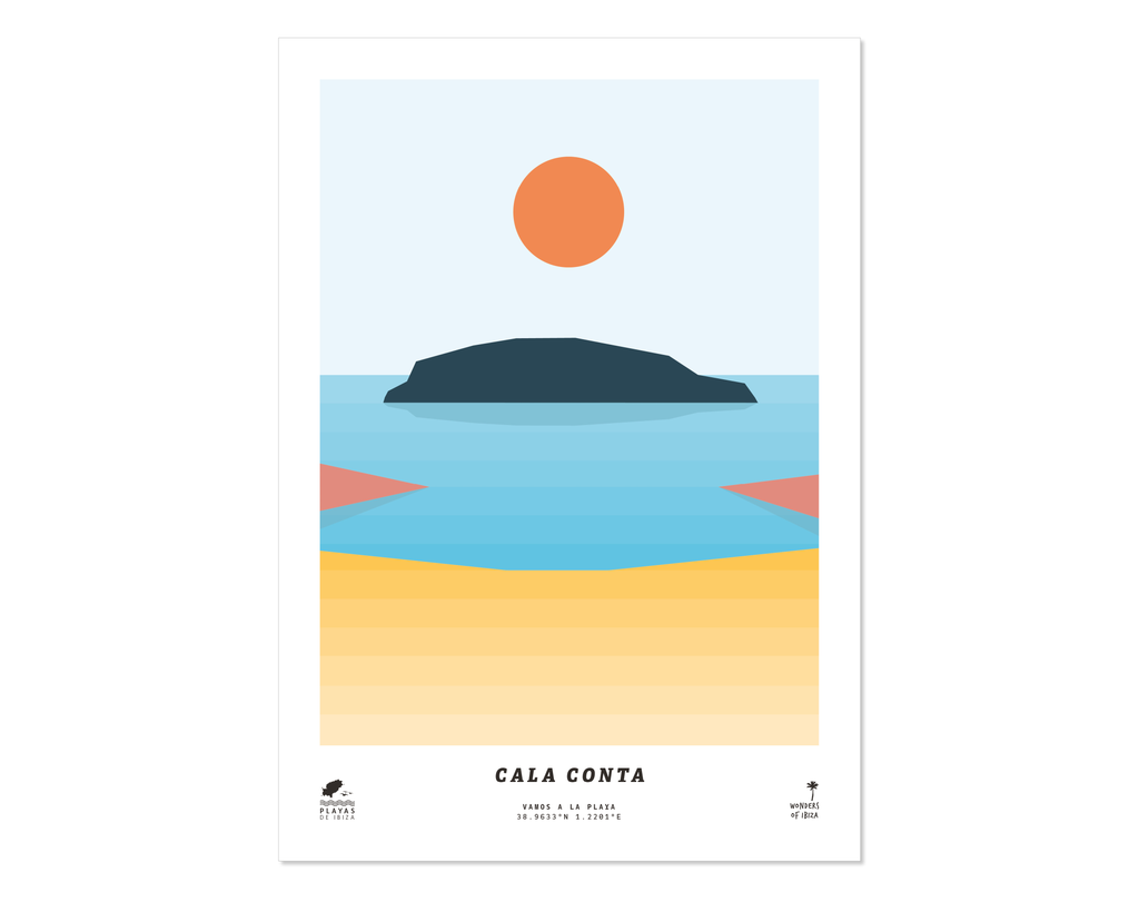 Minimal style graphic design print of Cala Conta beach, Ibiza