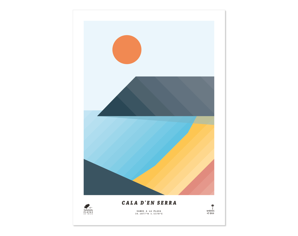 Minimal style graphic design print of Cala d'en Serra beach, Ibiza.