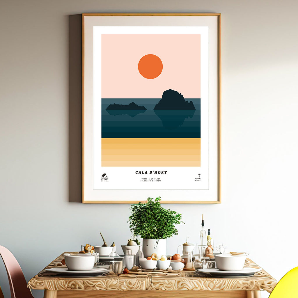 Framed minimal style graphic design print of Cala d'Hort beach, Ibiza.