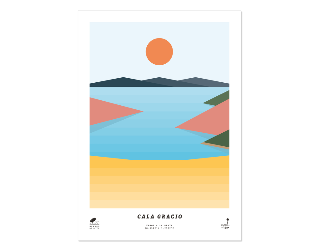 Minimal style graphic design print of Cala Gracio beach, Ibiza.