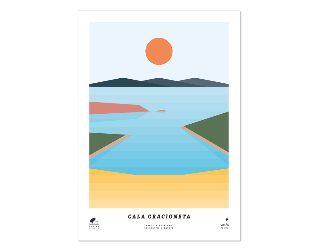 Minimal style graphic design print of Cala Gracioneta beach, Ibiza.