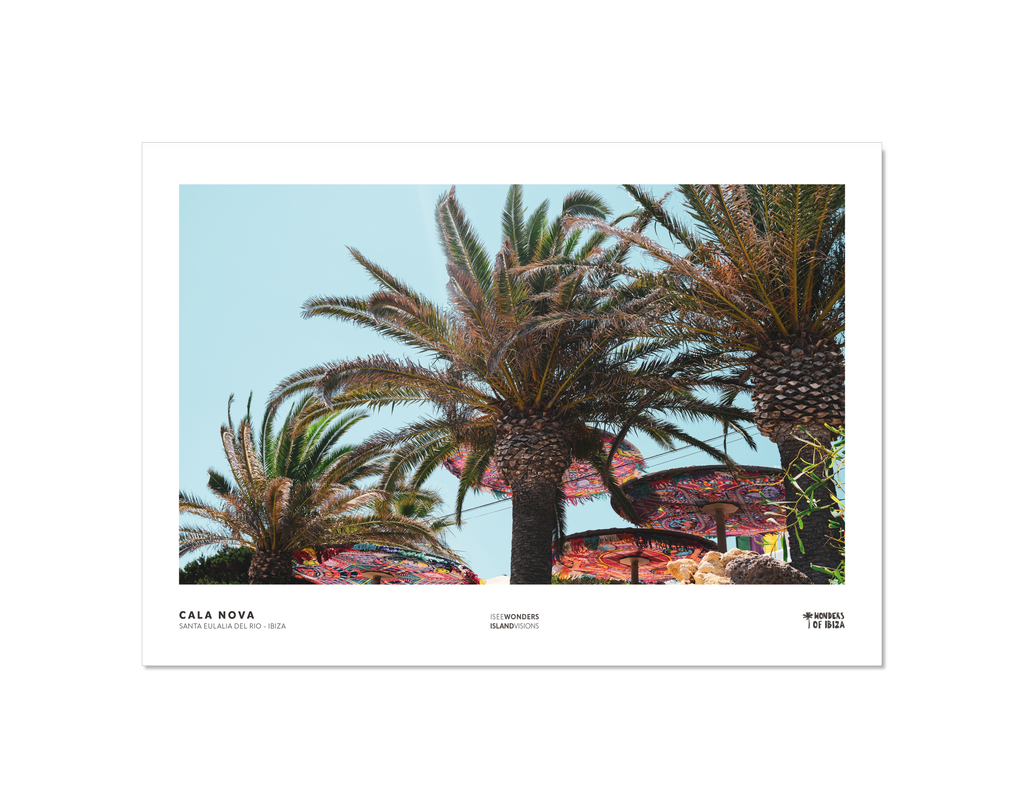 Photographic print featuring multicoloured patterned umbrellas, restaurant Aiyanna, Cala Nova beach, Ibiza.