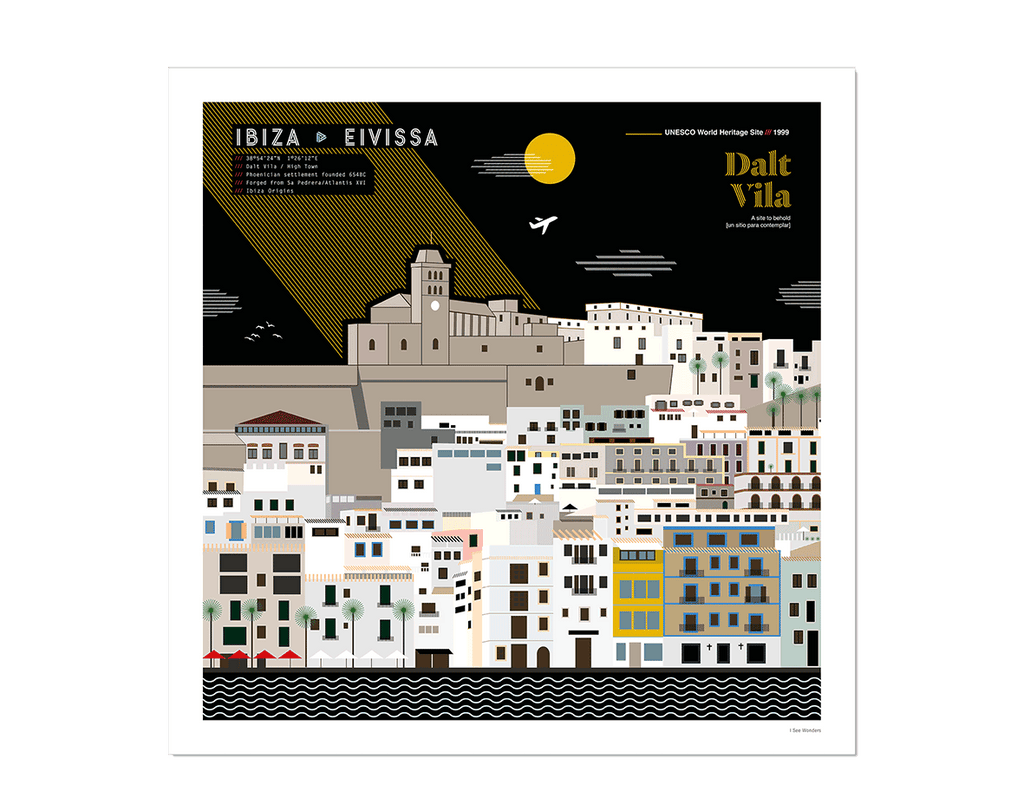 Graphic design giclée art print of Dalt Vila, Ibiza.