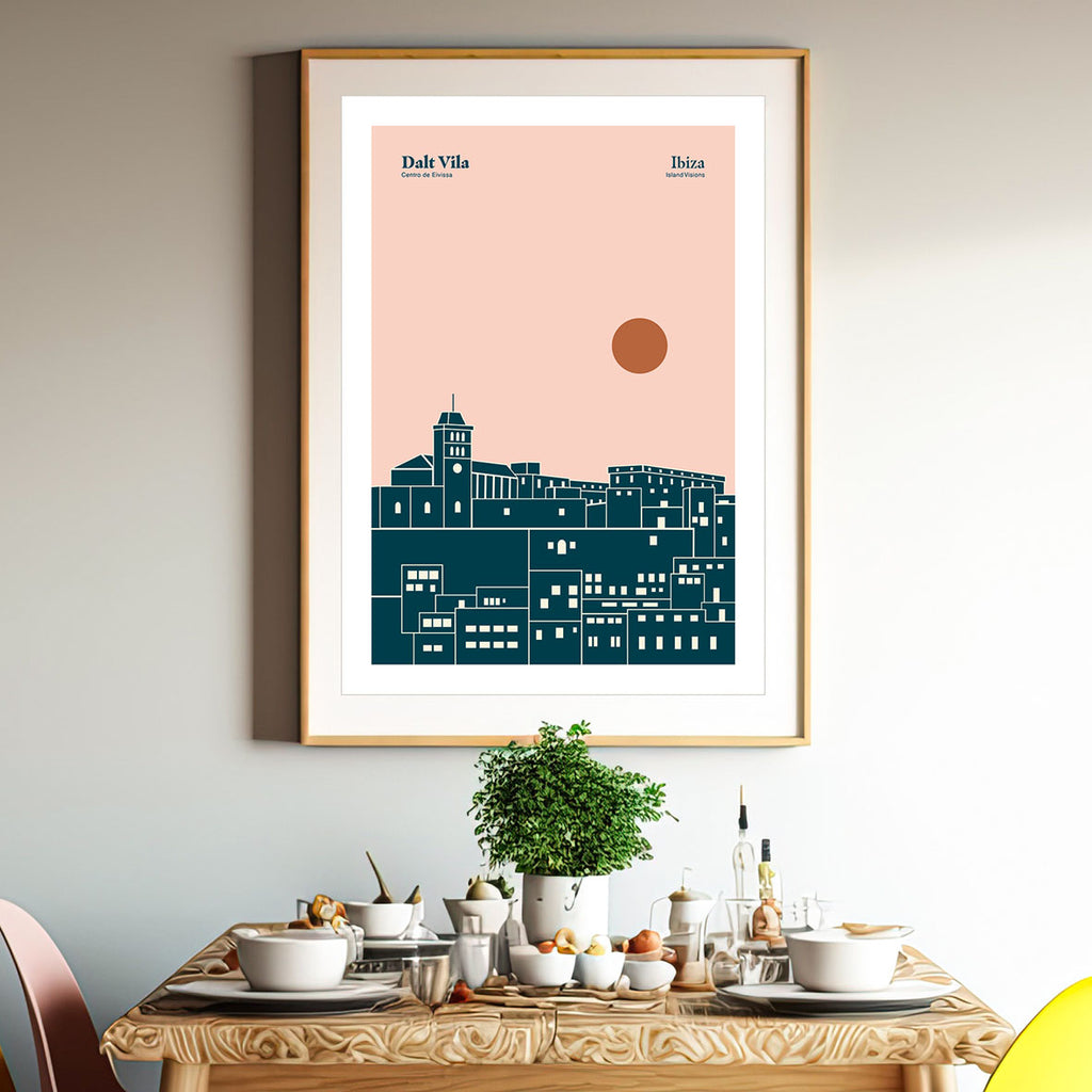 Framed Minimal style graphic design Ibiza art print of Dalt Vila, Ibiza with a pink sky and sun setting behind the cathedral.