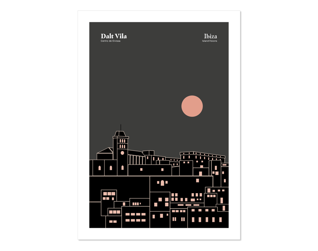 Minimal style graphic design Ibiza art print of Dalt Vila, Ibiza with a night sky.